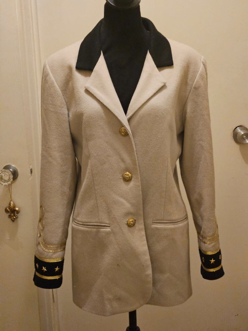 Vintage Lew Magram Wool Tan With Black & Gold Military Style Trim Size 10